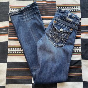 MEK Denim Jeans Womens 26/32 Blue Bootcut Oaxaca Flap Pockets.Stretch. Low Rise.